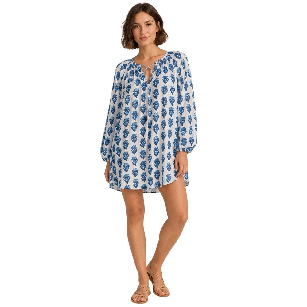 Anthropologie Celandine Floral Tunic Cover Up Blue White Tassel One Size NWT
